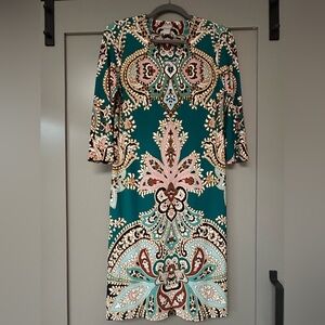 Chico's Teal, beige and dusty-rose 3/4 Sleeve Dress